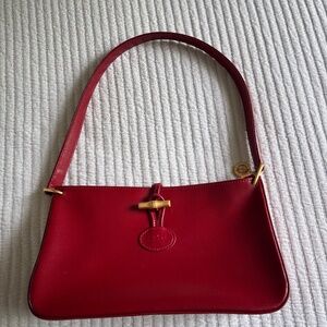 Vintage Longchamp Red Leather Shoulder Bag Gold Hardware